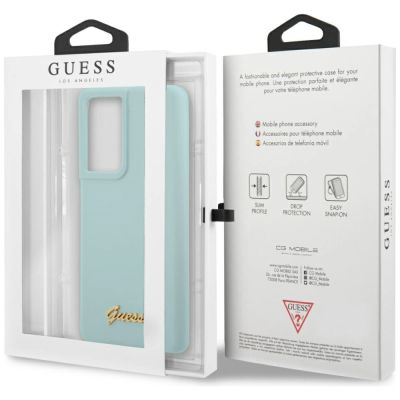 7. Guess, GUHCS21LLSLMGLB S21 Ultra G998 blau/blaues Hardcase Silikon-Schriftzug-Metall-Logo