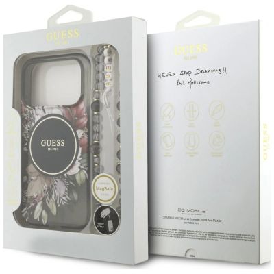 5. Guess IML Flowers Pearl Strap MagSafe Hülle für iPhone 18 Pro / 17 Pro – schwarz