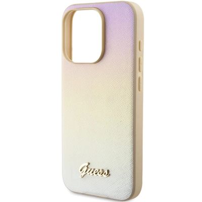 6. Guess Saffiano Iridescent Script Hülle für iPhone 14 Pro – Gold