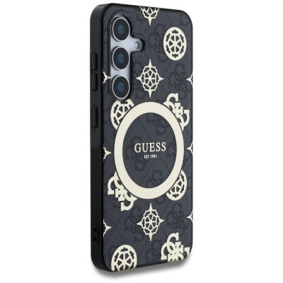 4. Guess 4G Background Gold Galvanisiertes Pfingstrosenmuster MagSafe-Hülle für Samsung Galaxy S25 schwarz