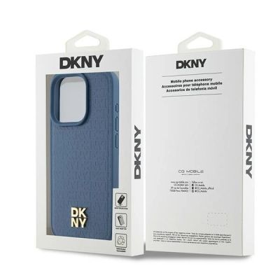 8. DKNY MagSafe-Hülle aus Leder mit Monogrammmuster und Metalllogo für iPhone 15 Pro – Blau