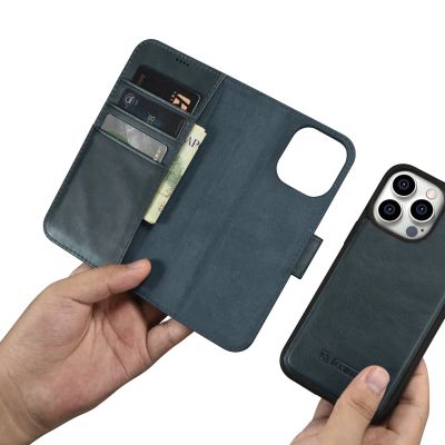 12. iCarer Oil Wax Wallet Case 2in1 Cover iPhone 14 Pro Max Leder Flip Cover Anti-RFID blau (WMI14220724-BU)