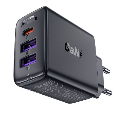 2. Acefast A57 PD 35W GaN-Ladegerät 2 x USB-A + USB-C mit 3 Anschlüssen – Schwarz