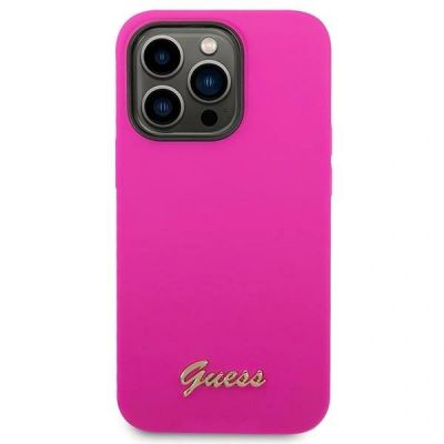 3. Guess Silikonhülle mit Vintage-Goldlogo für iPhone 14 Pro Max – Fuchsia