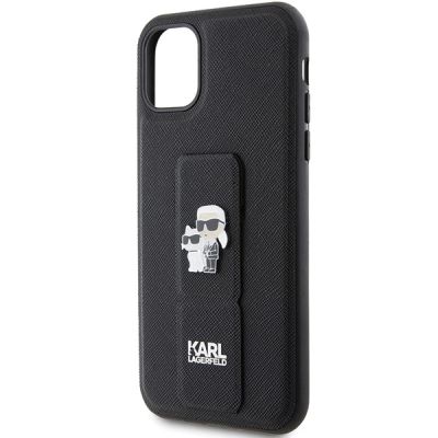 6. Karl Lagerfeld Gripstand Saffiano Karl&Choupette Pins Hülle für iPhone 11 / Xr – Schwarz
