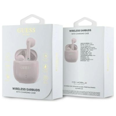 4. Guess GUTWSJ14ESGP TWS Bluetooth-Kopfhörer + Dockingstation, rosa/rosa, bedrucktes klassisches Logo