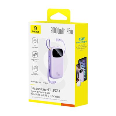 3. Baseus EnerFill FC31 20000mAh 45W Powerbank mit Display, USB-C- und Lightning Kabeln – Lila