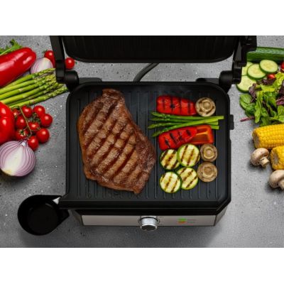 11. ELDOM KONTAKTGRILL GK200 2000W, TEMPERATURREGELUNG, ZWEI FETTBEHÄLTER, PLATTEN MIT ANTIHAFTBESCHICHTUNG