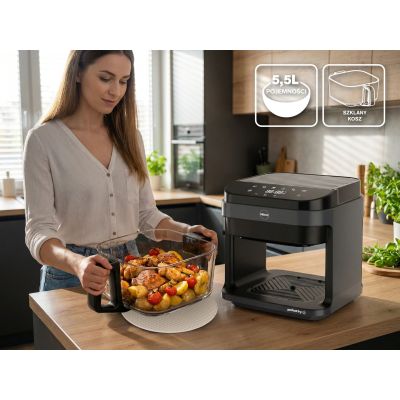 23. ELDOM FETTFREIE FRITTEUSE FR500 5,5 L 1200W GLASBEHÄLTER, GRILLEN, SILIKONPLATTE, 8 PROGRAMME, TEMPERATURREGELUNG.