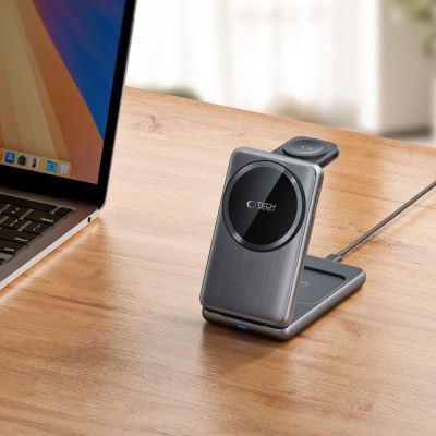 6. QI15W-A42 3in1 induktives Ladegerät mit MagSafe für Apple-Geräte – Grau
