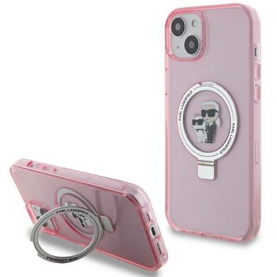 Karl Lagerfeld Ring Stand Karl&Choupette MagSafe Hülle für iPhone 15 Plus – Rosa