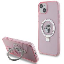 Karl Lagerfeld Ring Stand Karl&Choupette MagSafe Hülle für iPhone 15 Plus – Rosa