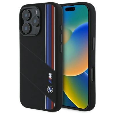 BMW Silikon Cut Tricolor Lines MagSafe Hülle für iPhone 16 Pro Max – Schwarz