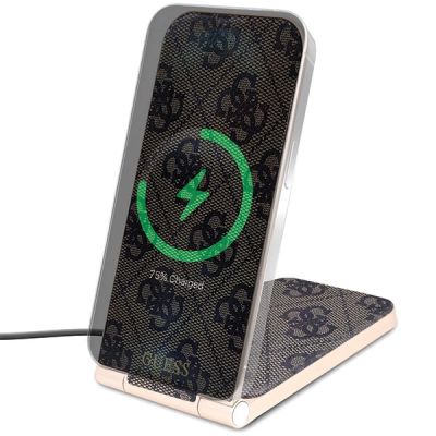 2. Guess 4G Pattern MagSafe faltbares 2in1 15W induktives Ladegerät – Braun