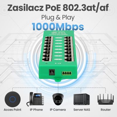 19. Extralink Gigabit PoE Injector 8 Port Active, 8 Gigabit 802.3at/af Ports, Modus A