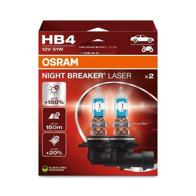Glühbirne (2er-Set) HB4 12V 51W P22D, Night Breaker Laser, bis zu 150 m Leuchtweite, 150 % höhere Helligkeit, 20 % weißeres Licht, weiß
