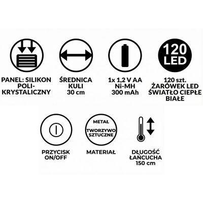 11. Solar-Hängelampe, Kugel, 30 cm, 120 LEDs, warmweiß