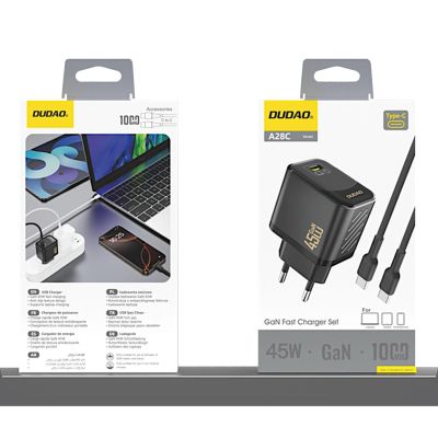 8. Dudao A28C 45W GaN Wandladegerät + USB-C Kabel - Schwarz