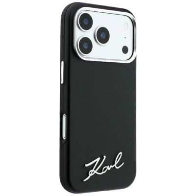 4. Karl Lagerfeld Saffiano MagSafe Hülle mit kleinem Schriftzug und Metalllogo für iPhone 18 Pro / 17 Pro – Schwarz