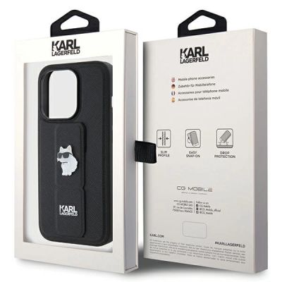 9. Karl Lagerfeld Gripstand Saffiano Choupette Pins Hülle für iPhone 14 Pro Max – Schwarz