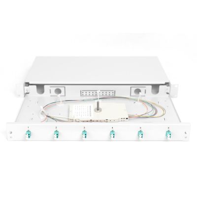 13. FO-Patchpanel mit Geräten, 19 Zoll, 1 HE, 6x LC DX, OM3, Anschlusskabel, Adapter, Einschubfächer, verschiebbar, grau