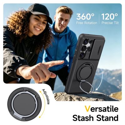 7. Magnetische Hülle für Samsung Galaxy S26 Ultra mit 360°-Metallring und Kameraabdeckung – Schwarz