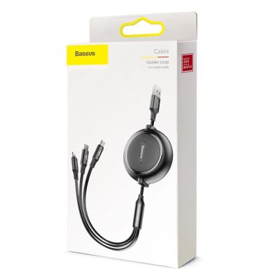 18. Baseus Golden Loop einziehbares 3in1 USB-Kabel - Micro-USB / Lightning / USB-C 3.5A 35cm - 120cm schwarz (CAMLT-JH01)