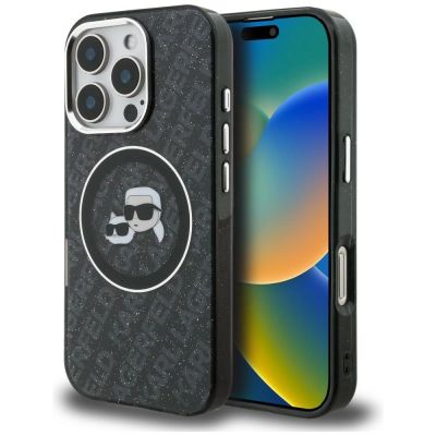 Karl Lagerfeld IML Glitter Karl & Choupette Heads Logo MagSafe Hülle für iPhone 16 Pro Max - Schwarz