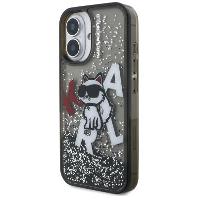2. Karl Lagerfeld iPhone 16 Hülle mit flüssigem Glitzer und Choupette-Logo – Schwarz
