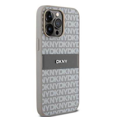 4. DKNY Leder-Monostreifen- und Metall-Logo-Hülle für iPhone 14 Pro – Beige