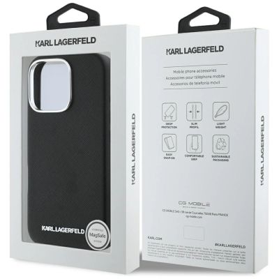 8. Karl Lagerfeld Saffiano Vollständig umwickeltes längliches Metalllogo MagSafe iPhone 16 Pro Max-Hülle - Schwarz