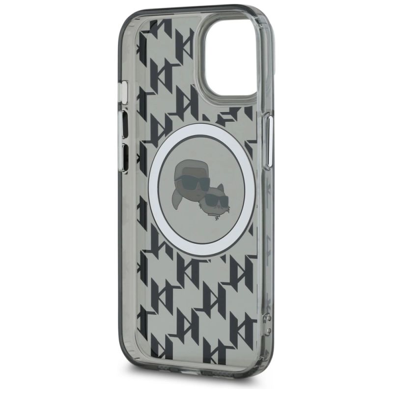 7. Karl Lagerfeld IML Monogram Karl & Choupette Head MagSafe Hülle für iPhone 15 Plus – Schwarz