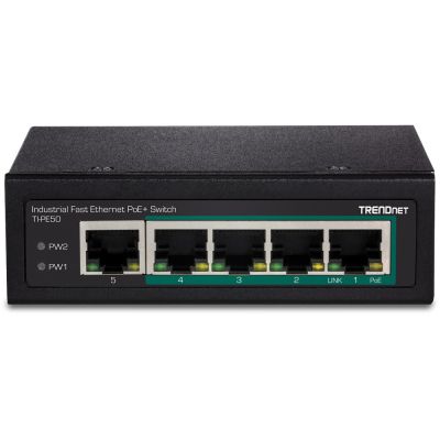 3. TRENDnet TI-PE50 Switch – unmanaged – 4 x 10/100 (PoE+) + 1 x 10/100 – DIN-Schienen- und Wandmontage – PoE+ (90 W) – DC