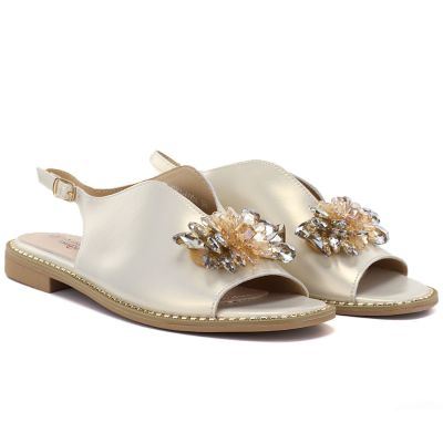 4. Damen-Sandalen aus flachem Leder mit Kristallen, Gold, S.Barski 61-6004
