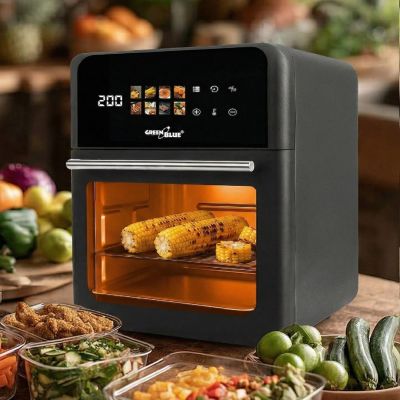 6. GREENBLUE FETTFREIE HEISSLUFTFRITTEUSE, LEISTUNGSSTARK 1800 W, FASSUNGSVERMÖGEN 10 L, 8 PROGRAMME, ZUBEHÖR, TIMER GB950