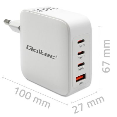 6. Qoltec 140W GaN-Wandladegerät | 5–20 V | 2,5–5 A | 3 x USB-C PD | 1 x USB QC 3.0 | Weiß