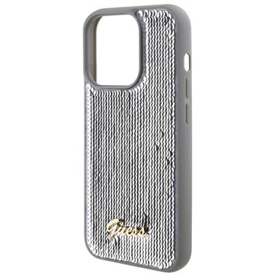 6. Guess Pailletten-Schriftzug-Metallgehäuse für iPhone 15 Pro Max – Silber