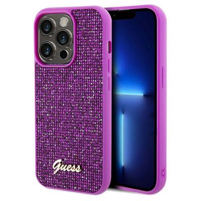Guess Disco Metal Script Hülle für iPhone 14 Pro – Fuchsia