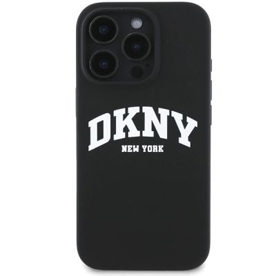 3. DKNY Silikon-MagSafe-Hülle mit weißem bedrucktem Logo für iPhone 16 Pro Max – Schwarz