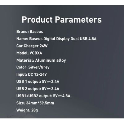 14. Baseus Autoladegerät 2x USB 4,8A 24W mit LCD + 3ins1 Kabel USB - USB Typ C / micro USB / Lightning schwarz (TZCCBX-0G)