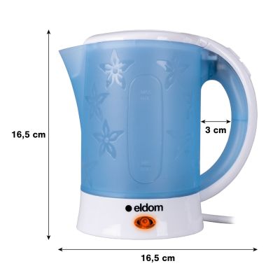 15. ELDOM C190 LINO 0,6 L 550W BLAUER WASSERKOCHER FÜR TOURISTEN + ZWEI TASSEN, ZWEI LÖFFEL