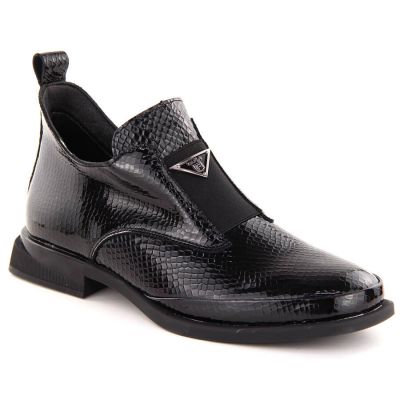 4. Damen-Lackleder-Stiefeletten in Kroko-Optik mit Zierelement, schwarz, Filippo DBT6425