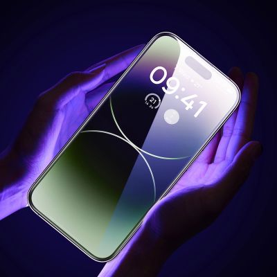 10. Baseus Vollbild-Hartglas für iPhone 14 Pro mit Anti-Blaulichtfilter und 0,3-mm-Lautsprecherabdeckung + Montagerahmen