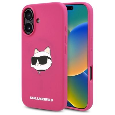 Karl Lagerfeld Silikon-MagSafe-Hülle mit Choupette-Kopf-Aufdruck für iPhone 16 – Fuchsia