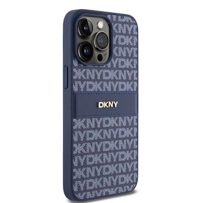 4. DKNY Lederhülle mit Monostreifen und Metalllogo für iPhone 15 Pro Max – Blau