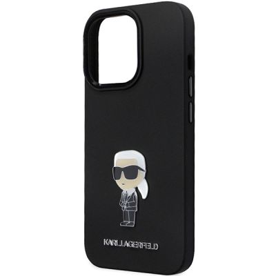 6. Karl Lagerfeld KLHCP13LSMHKNPK Hülle für iPhone 13 Pro / 13 – schwarz Silikon Ikonik Metall Pin
