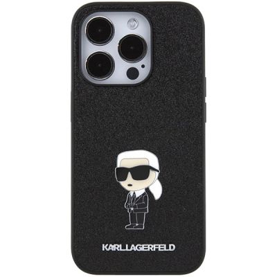 3. Karl Lagerfeld Glitzer-Ikonik-Logo-Metallhülle für iPhone 15 Pro Max – Schwarz