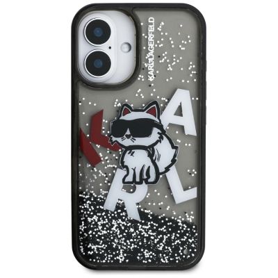 3. Karl Lagerfeld iPhone 16 Hülle mit flüssigem Glitzer und Choupette-Logo – Schwarz