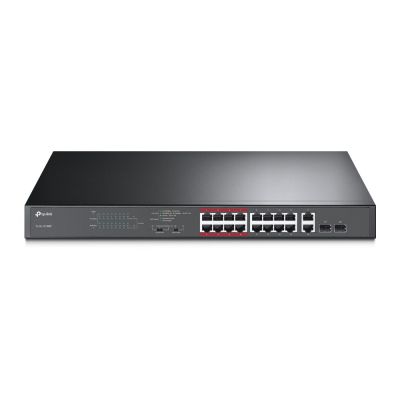 TP-LINK TL-SL1218MP PoE-Switch (16x 10/100Mbps, 2x 10/100/1000Mbps), Unmanaged PoE-Switch, 16 10/100 Mbps-Ports, 2 Gigabit-Ports, Hohe Gesamt-PoE-Stromversorgung - bis zu 30 W an jedem PoE-Port und 250 W für alle PoE-Ports*.