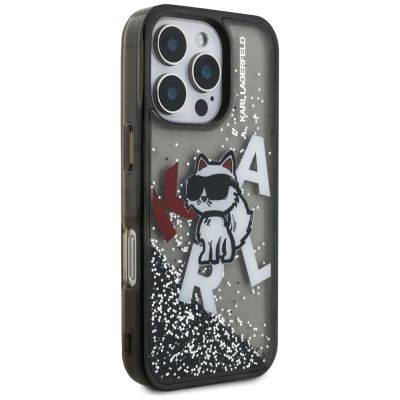 4. Karl Lagerfeld Liquid Glitter Choupette Logo Hülle für iPhone 16 Pro - Schwarz
